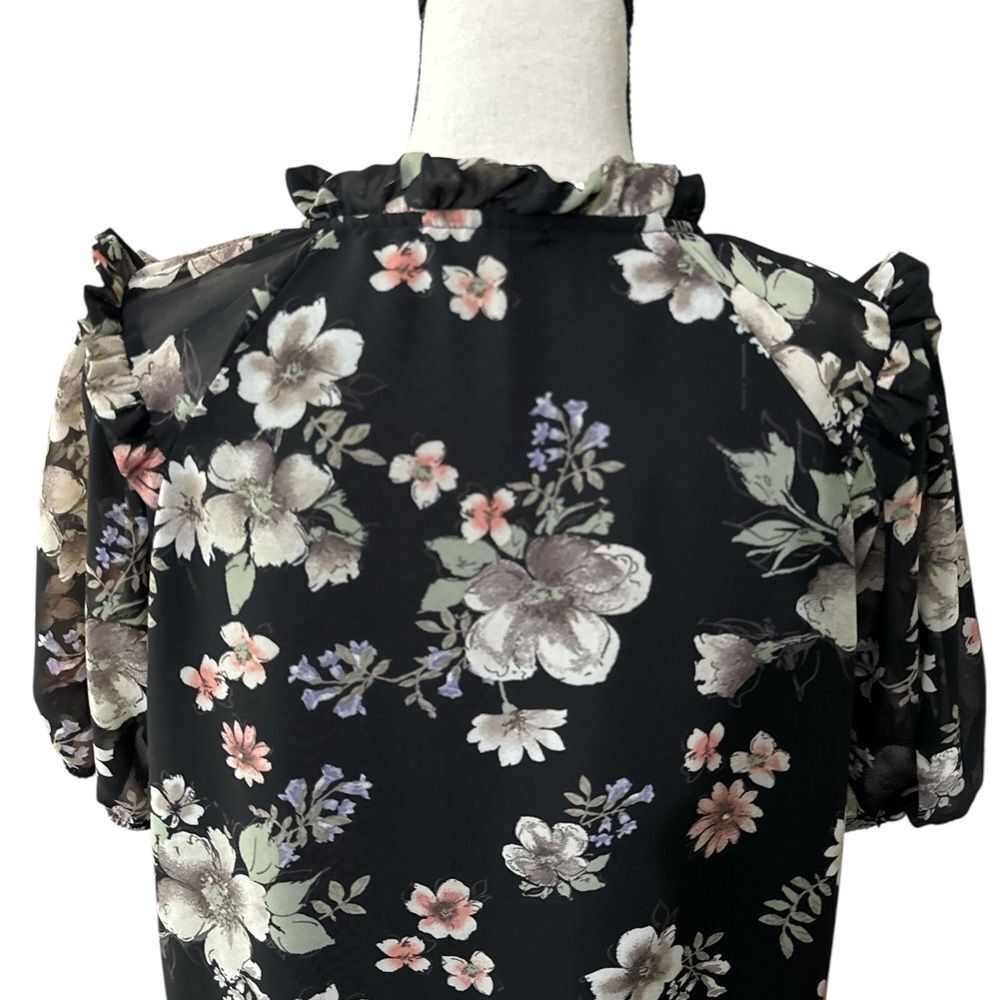 Pleione Black Floral Blouse Ruffle Neck Tie Front Sheer Sleeve Boho Size L - Picture 3 of 12